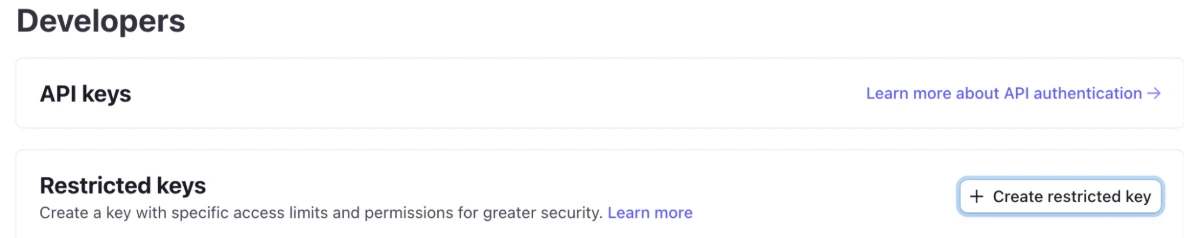 Stripe create restricted key screen