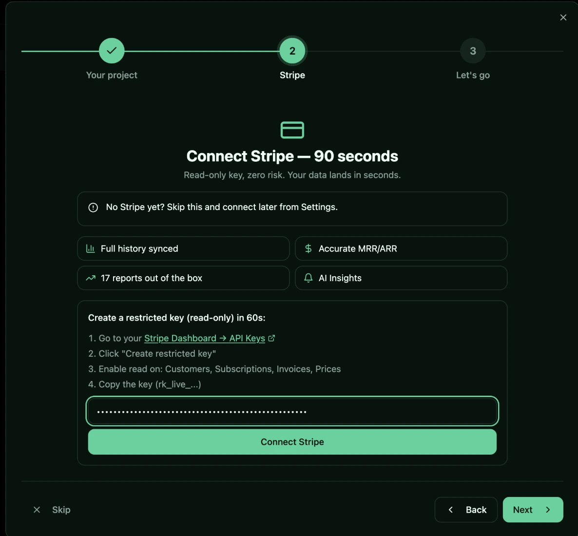 NoNoiseMetrics dashboard with live Stripe data